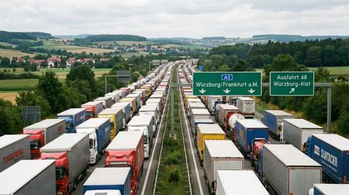 Two lanes of trucks at a standstill on the A3 motorway near Würzburg