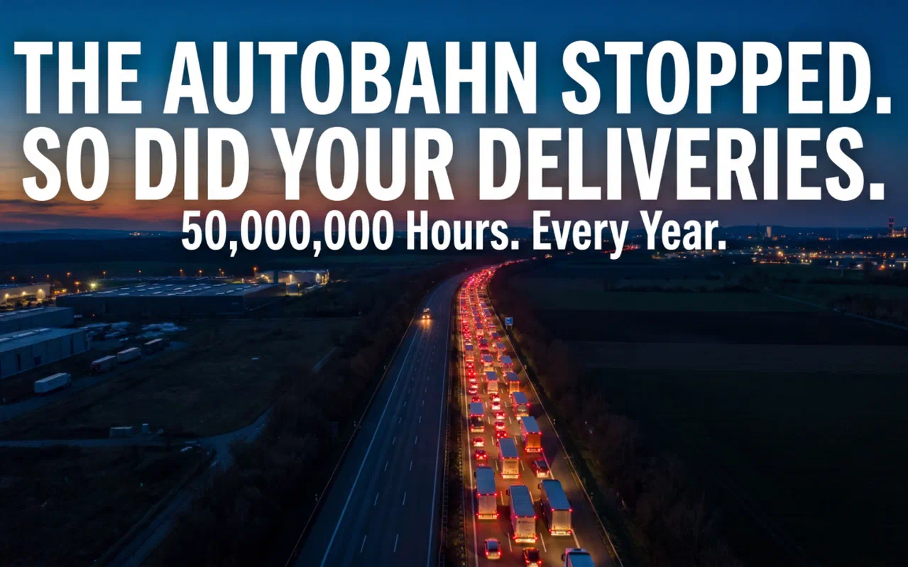 A motorway at dusk with a long queue of truck tail lights, under the headline The Autobahn stopped. So did your deliveries.