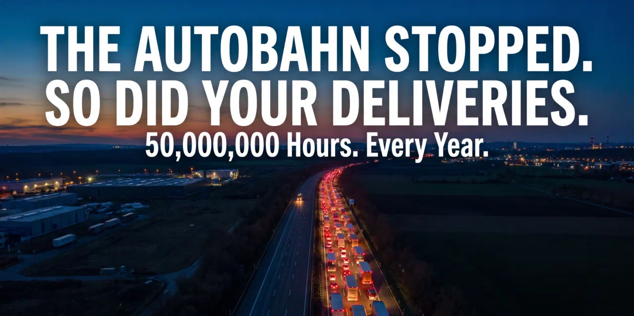 A motorway at dusk with a long queue of truck tail lights, under the headline The Autobahn stopped. So did your deliveries.