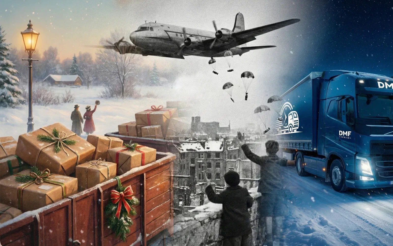 Christmas transport and logistics - a winter road with a freight vehicle