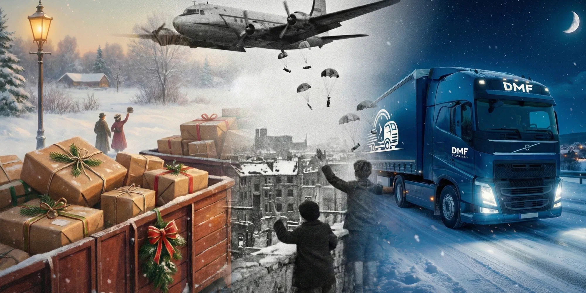 Christmas transport and logistics - a winter road with a freight vehicle