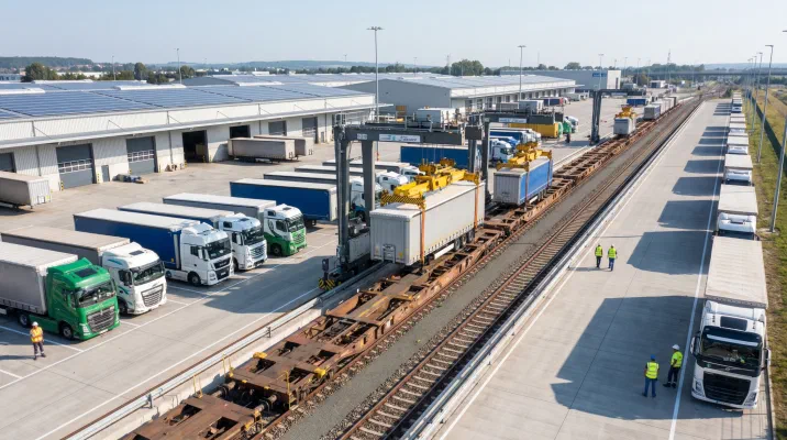 An intermodal terminal where trucks and containers are transferred onto rail wagons