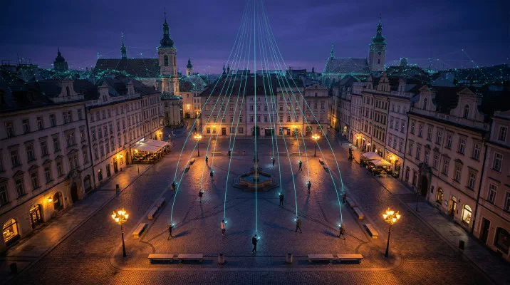 A historic European town square at dusk, overlaid with glowing lines of 3D mapping data