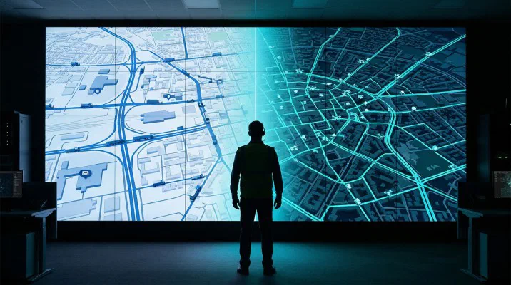 A person standing in silhouette in front of a wall-sized digital map of a city