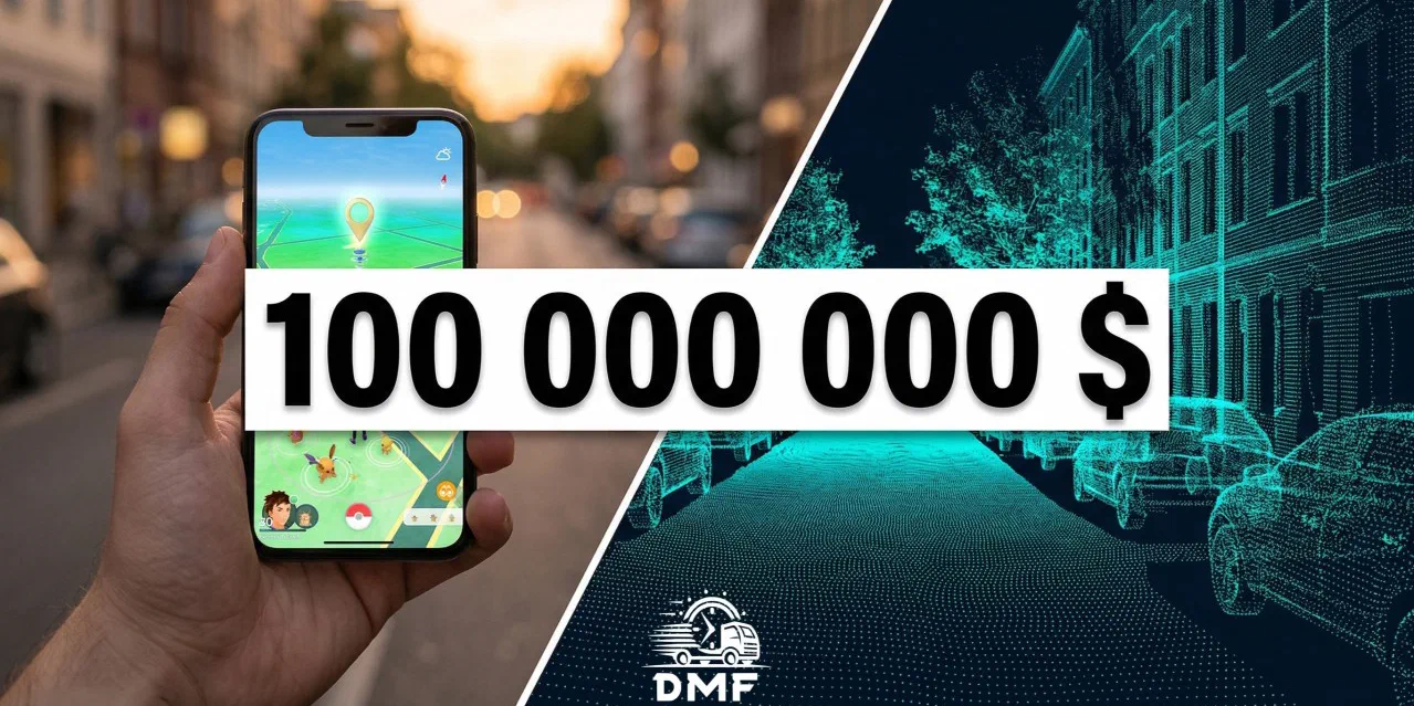 A phone running Pokémon GO next to a 3D point-cloud scan of a street, captioned 100 000 000 $