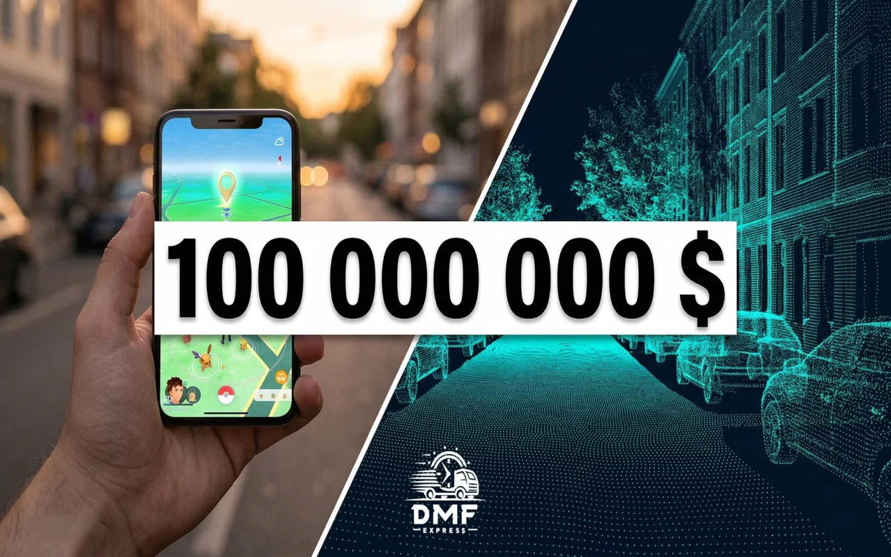 A phone running Pokémon GO next to a 3D point-cloud scan of a street, captioned 100 000 000 $