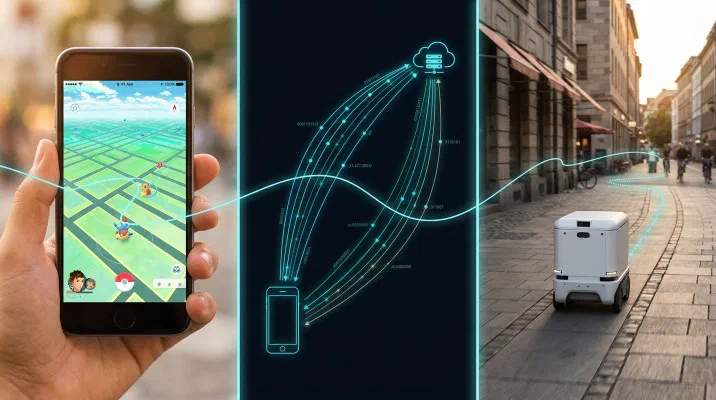A phone showing Pokémon GO, with data lines connecting it to a delivery robot on a city pavement