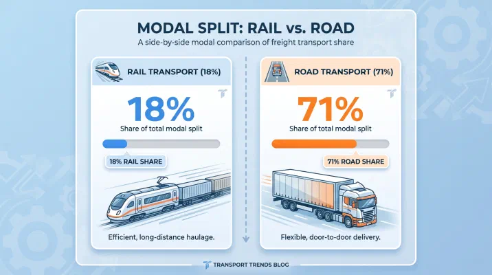 Infographic comparing the modal split of German freight: rail 18 percent, road 71 percent