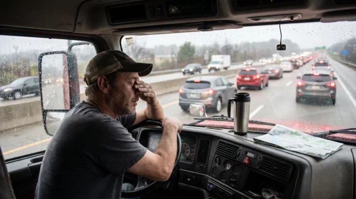 A frustrated truck driver in his cab, stuck in a motorway traffic jam