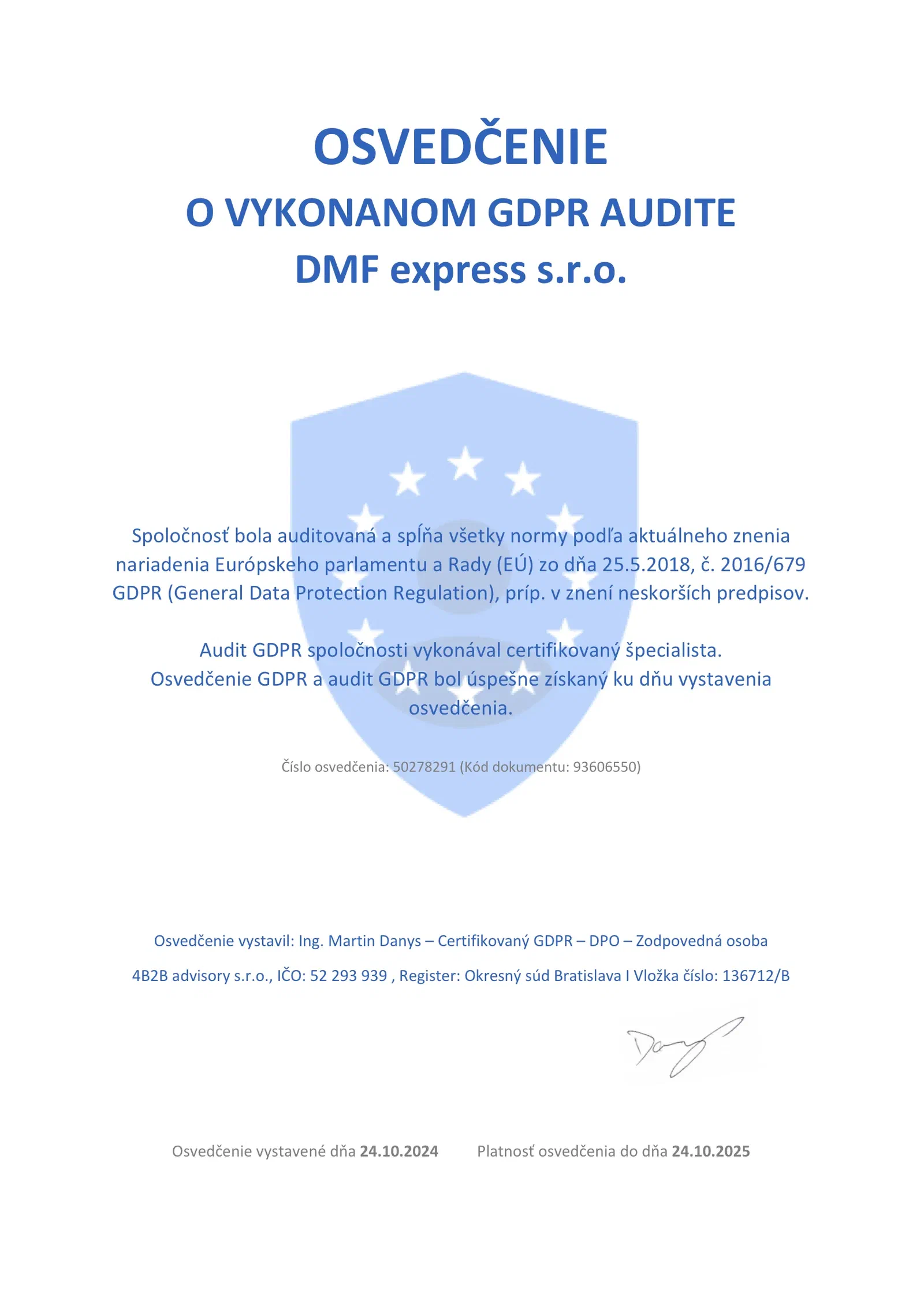 Certificate of a completed GDPR audit of DMF express s.r.o., issued by 4B2B advisory
