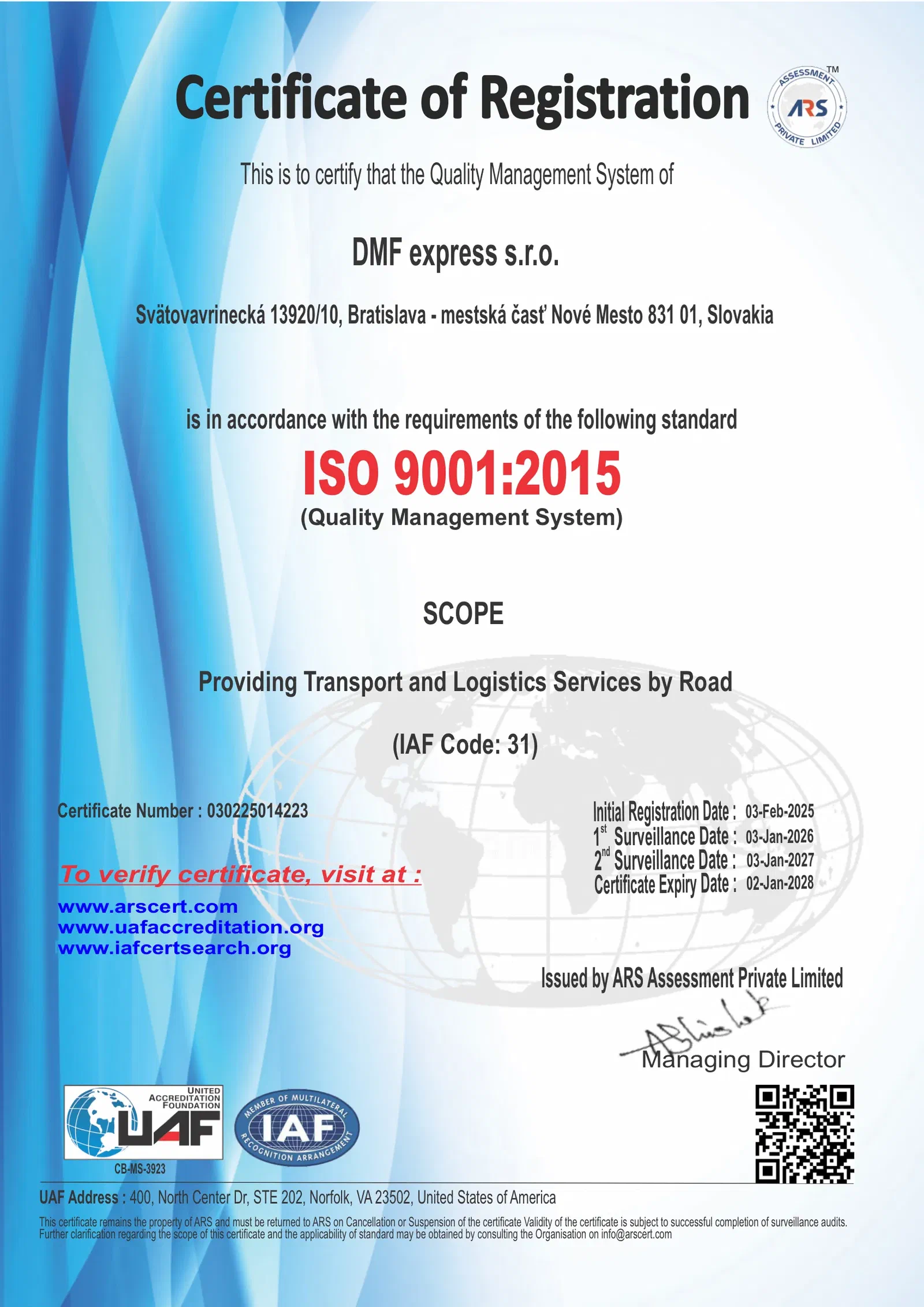 ISO 9001:2015 certificate of registration for the quality management system of DMF express s.r.o., issued by ARS Assessment