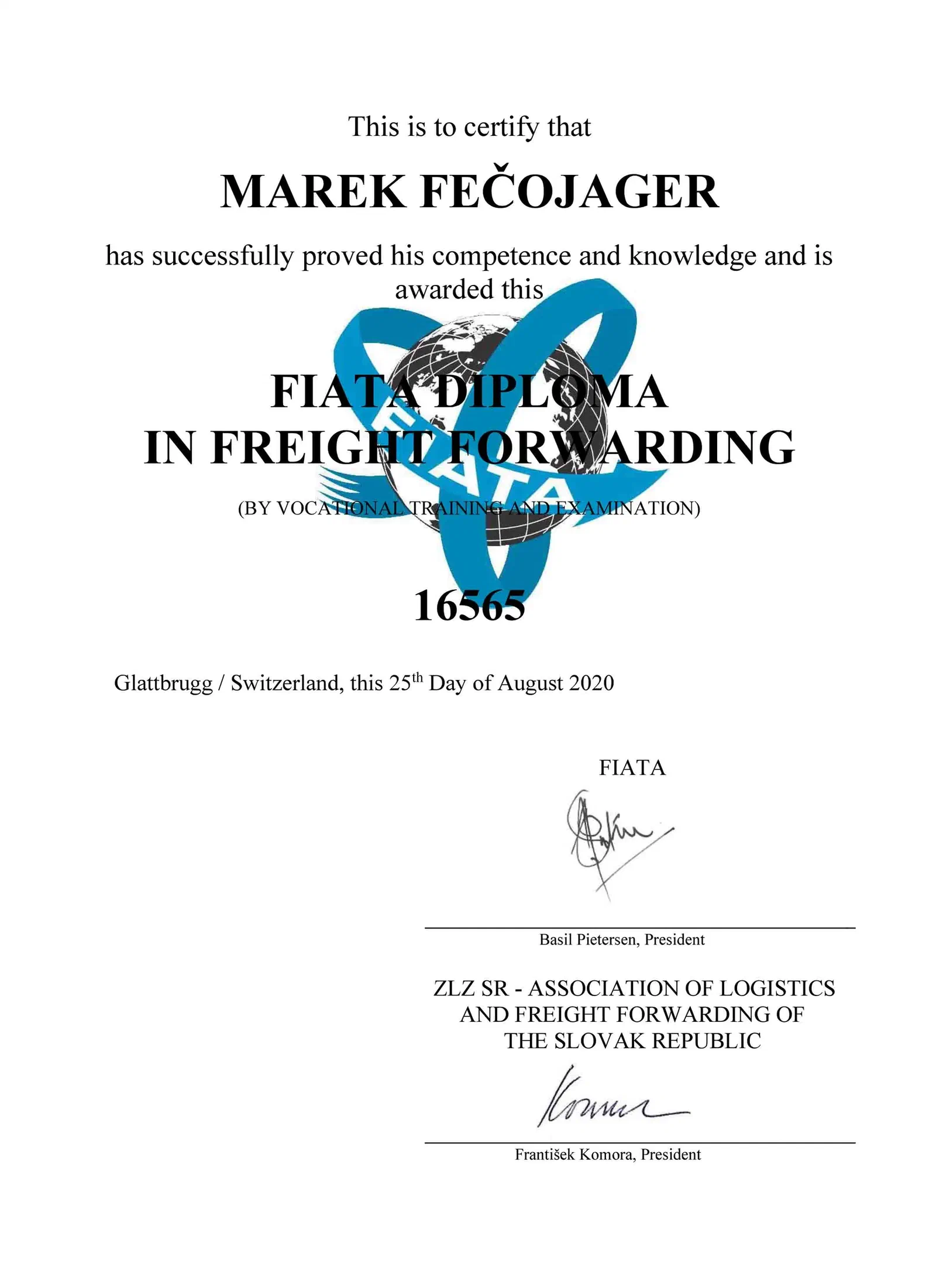 FIATA Diploma in Freight Forwarding No. 16565 awarded to Marek Fečojager in 2020